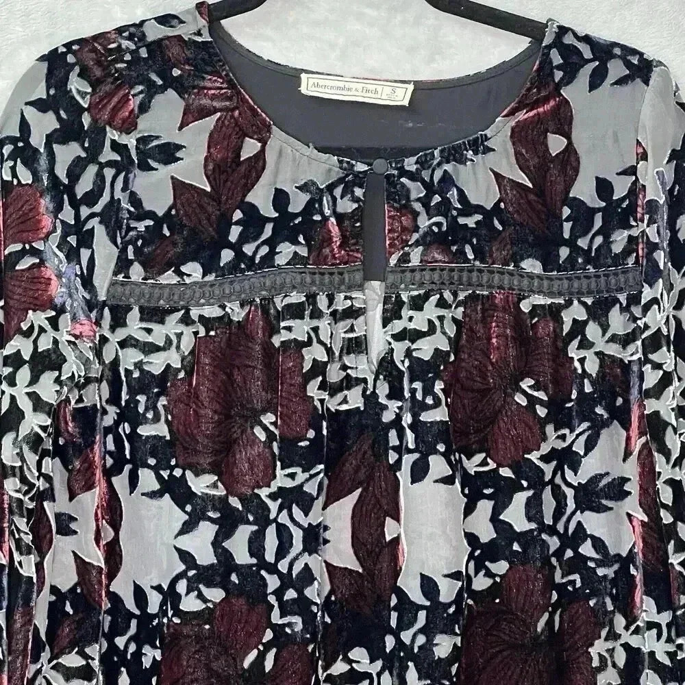 Abercrombie & Fitch Mini Dress S Floral Burnout Lined Black Burgundy Whimsigoth - Picture 4 of 14